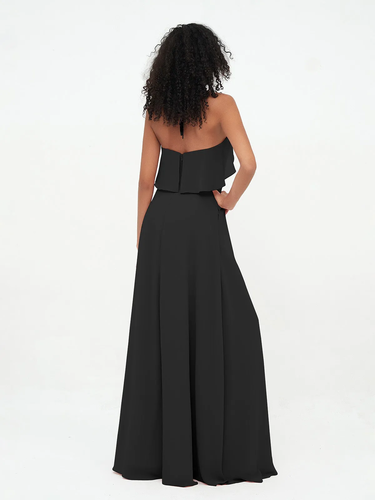 Halter Strap Chiffon Long Bridesmaid Dresses Black