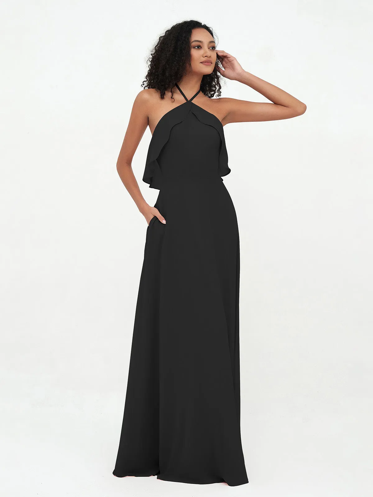 Halter Strap Chiffon Long Bridesmaid Dresses Black