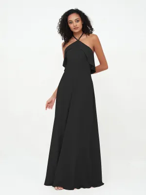 Halter Strap Chiffon Long Bridesmaid Dresses Black