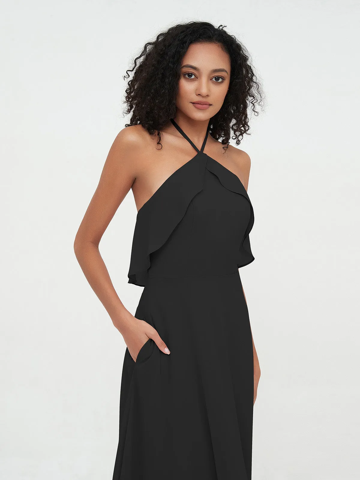 Halter Strap Chiffon Long Bridesmaid Dresses Black