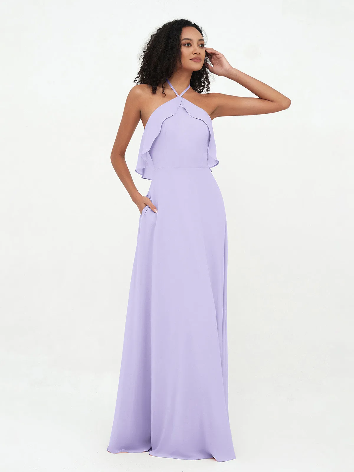 Halter Strap Chiffon Long Bridesmaid Dresses Lilac Plus Size
