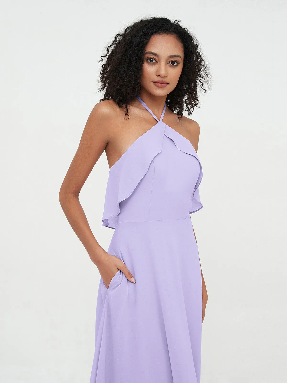 Halter Strap Chiffon Long Bridesmaid Dresses Lilac Plus Size