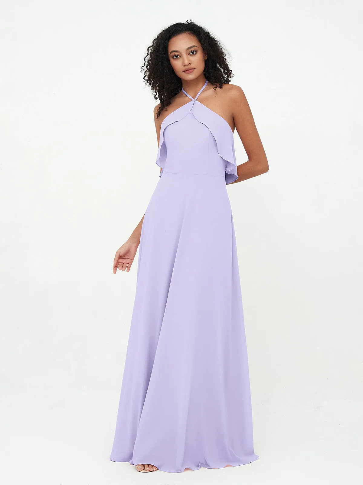Halter Strap Chiffon Long Bridesmaid Dresses Lilac Plus Size