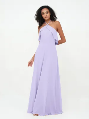 Halter Strap Chiffon Long Bridesmaid Dresses Lilac Plus Size