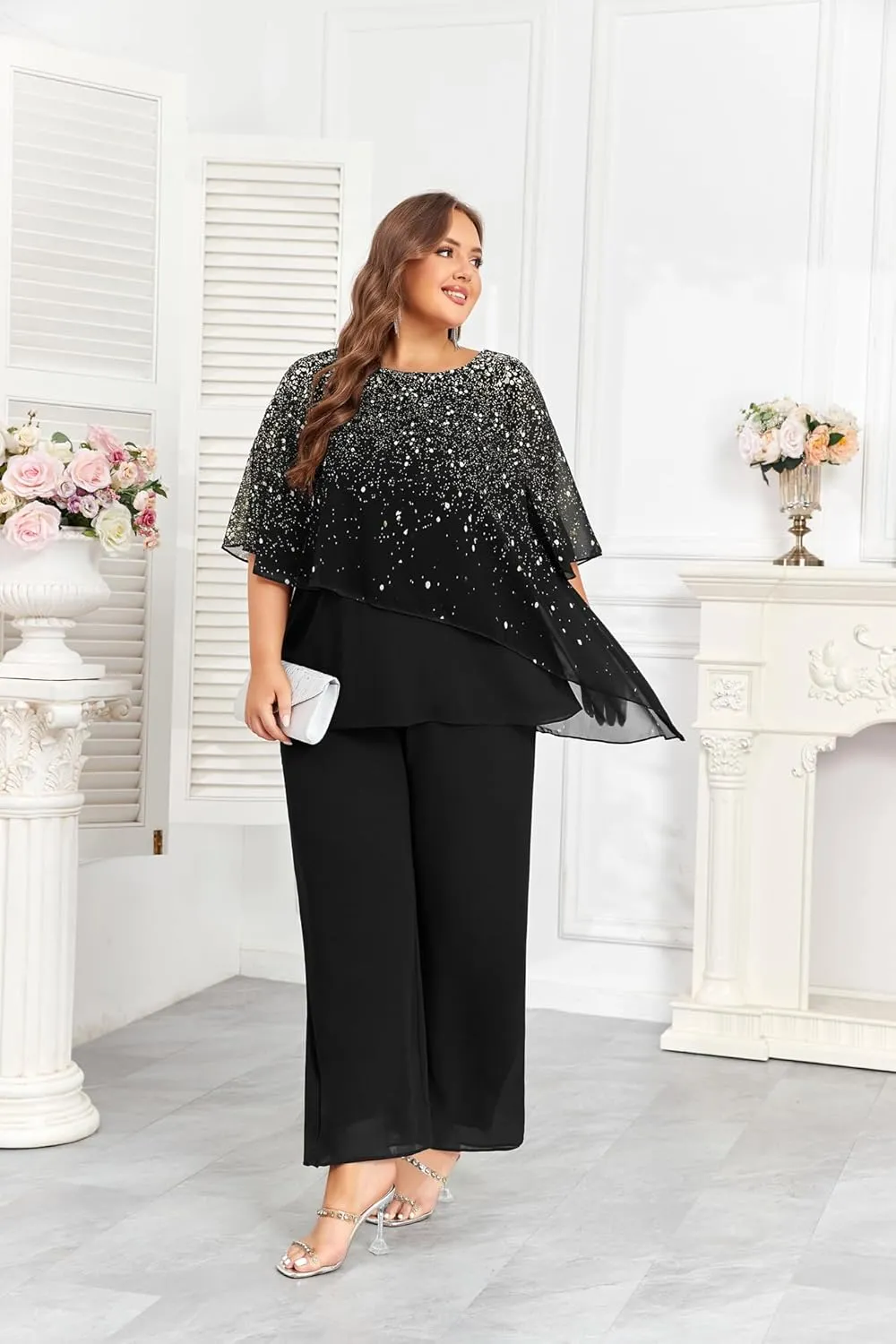 Hanna Nikole 2024 Plus Size Mother of Bride Pant Suits 2 Piece Ruffle Layers Chiffon Sets Gradient Print Wedding Guest Outfit