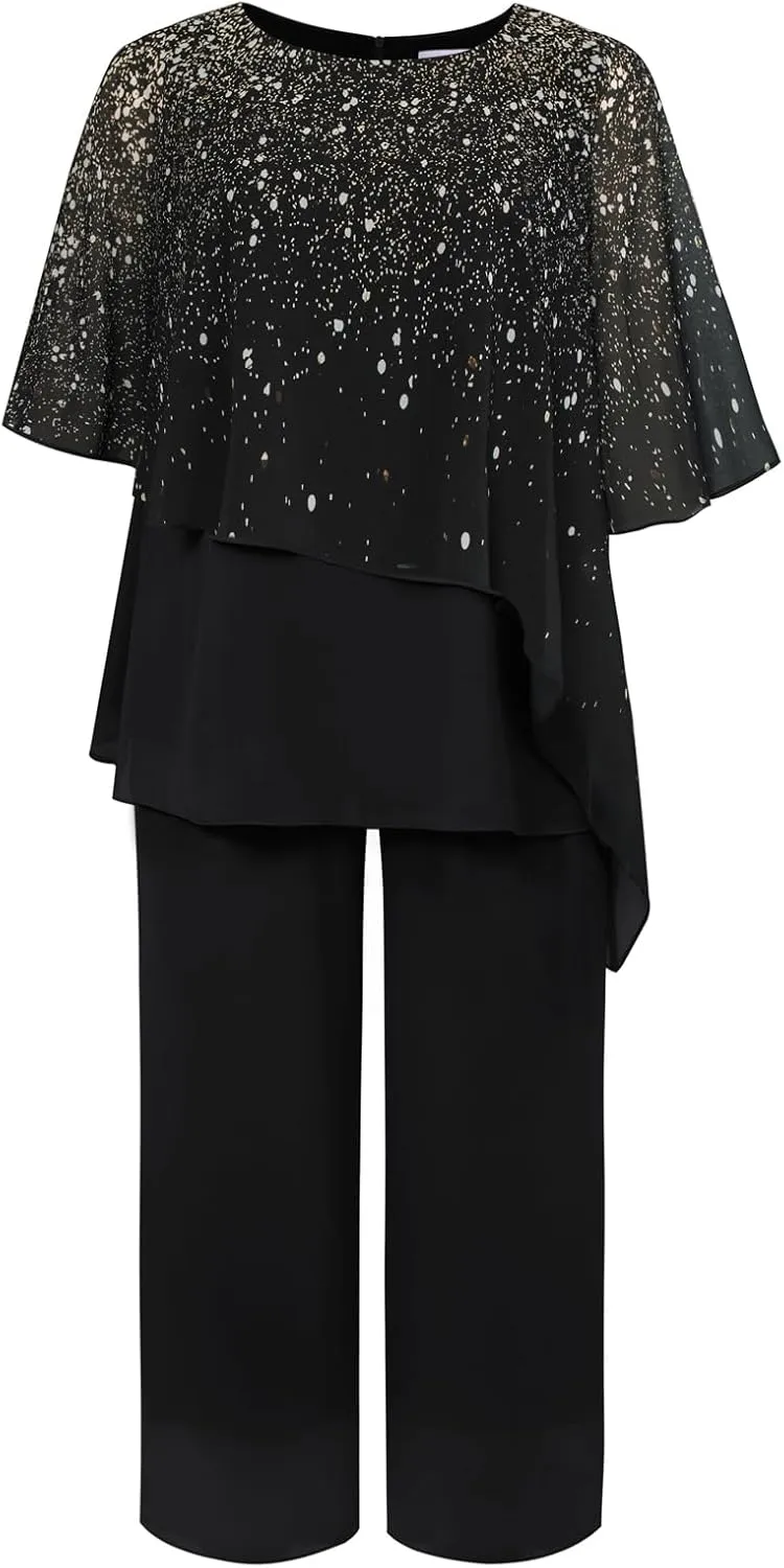 Hanna Nikole 2024 Plus Size Mother of Bride Pant Suits 2 Piece Ruffle Layers Chiffon Sets Gradient Print Wedding Guest Outfit