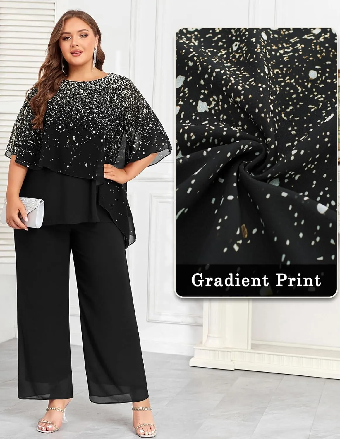 Hanna Nikole 2024 Plus Size Mother of Bride Pant Suits 2 Piece Ruffle Layers Chiffon Sets Gradient Print Wedding Guest Outfit