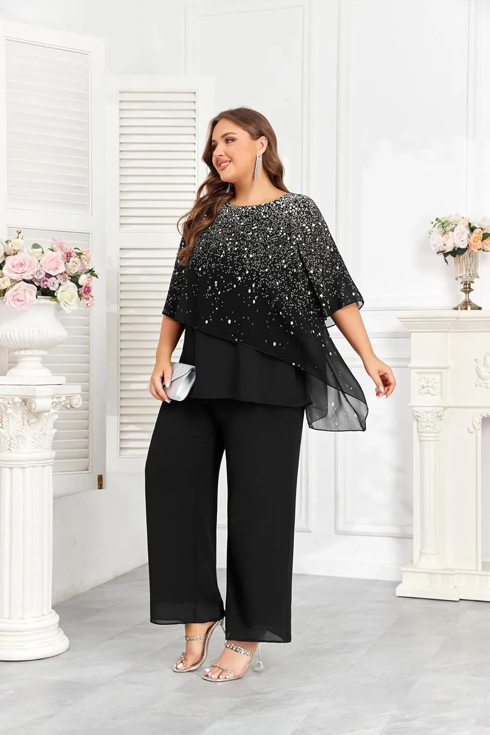 Hanna Nikole 2024 Plus Size Mother of Bride Pant Suits 2 Piece Ruffle Layers Chiffon Sets Gradient Print Wedding Guest Outfit