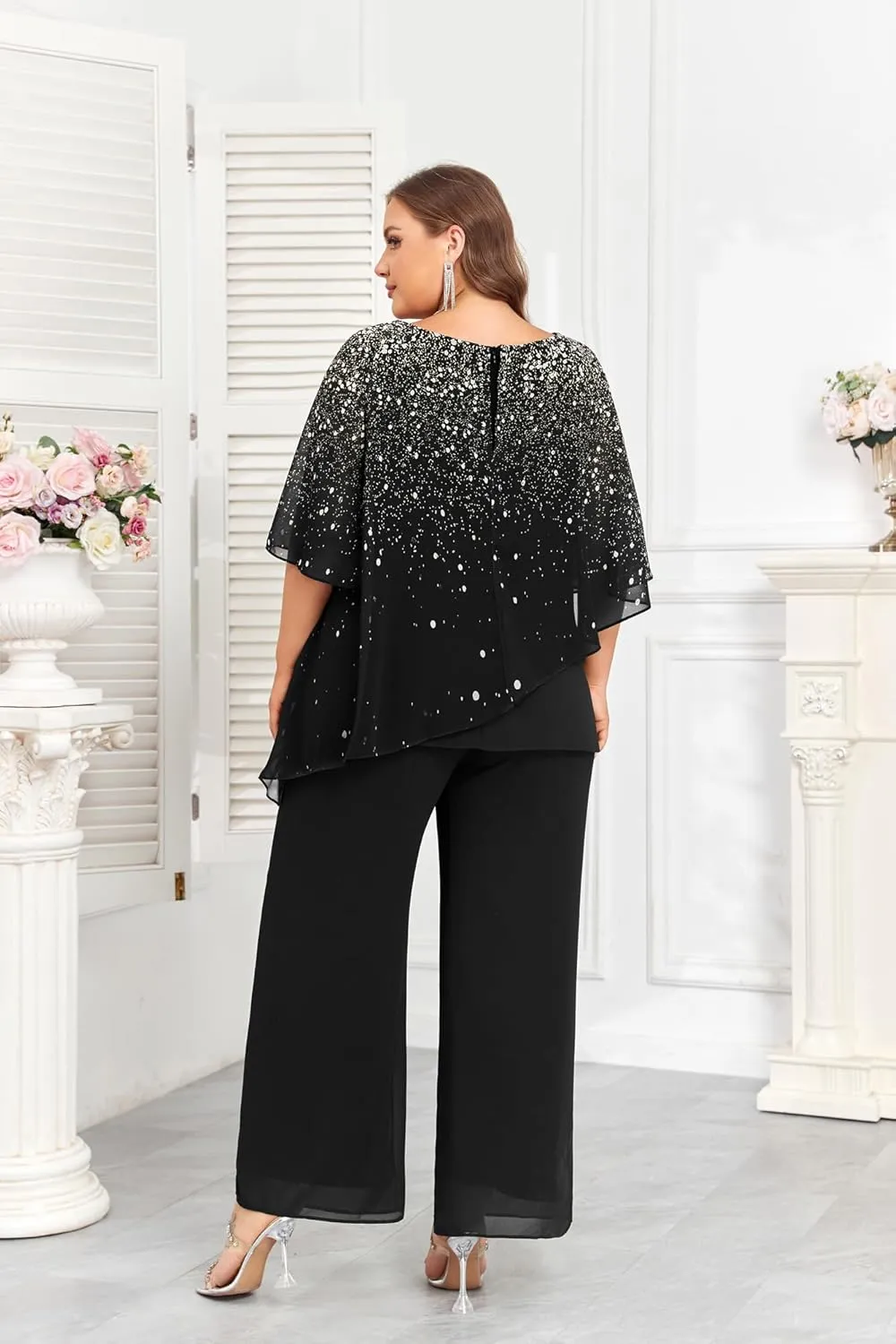 Hanna Nikole 2024 Plus Size Mother of Bride Pant Suits 2 Piece Ruffle Layers Chiffon Sets Gradient Print Wedding Guest Outfit
