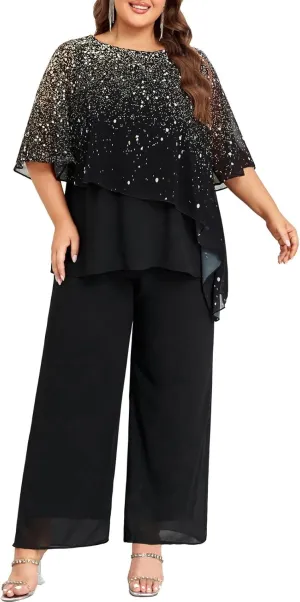Hanna Nikole 2024 Plus Size Mother of Bride Pant Suits 2 Piece Ruffle Layers Chiffon Sets Gradient Print Wedding Guest Outfit