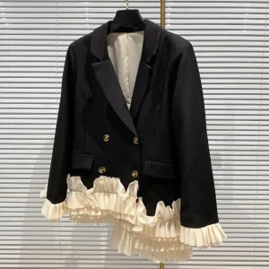 Hit Color Autumn Blazers For Women Notched Collar Long Sleeve Spliced Button Folds Slim Blazer Female Fashion