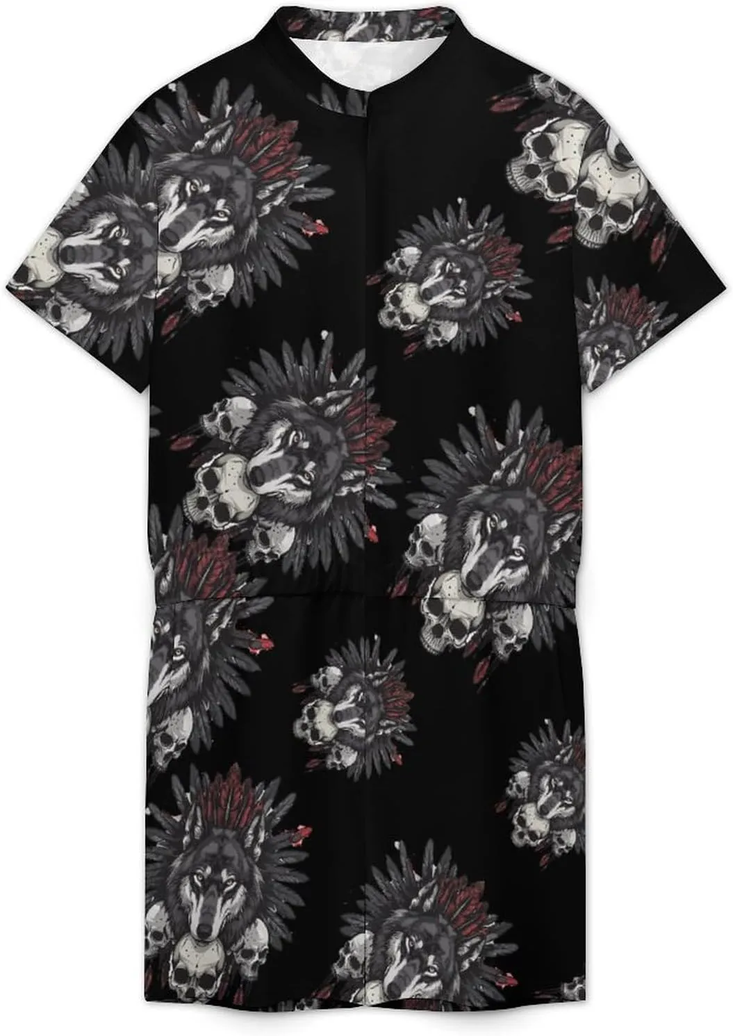 Indian Wolf Mens Short Sleeve Rompers Printed Slim Fit One Piece Jumpsuit with Pocket