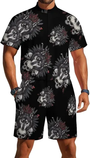 Indian Wolf Mens Short Sleeve Rompers Printed Slim Fit One Piece Jumpsuit with Pocket