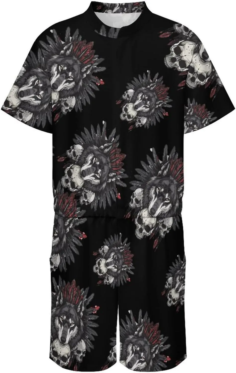 Indian Wolf Mens Short Sleeve Rompers Printed Slim Fit One Piece Jumpsuit with Pocket