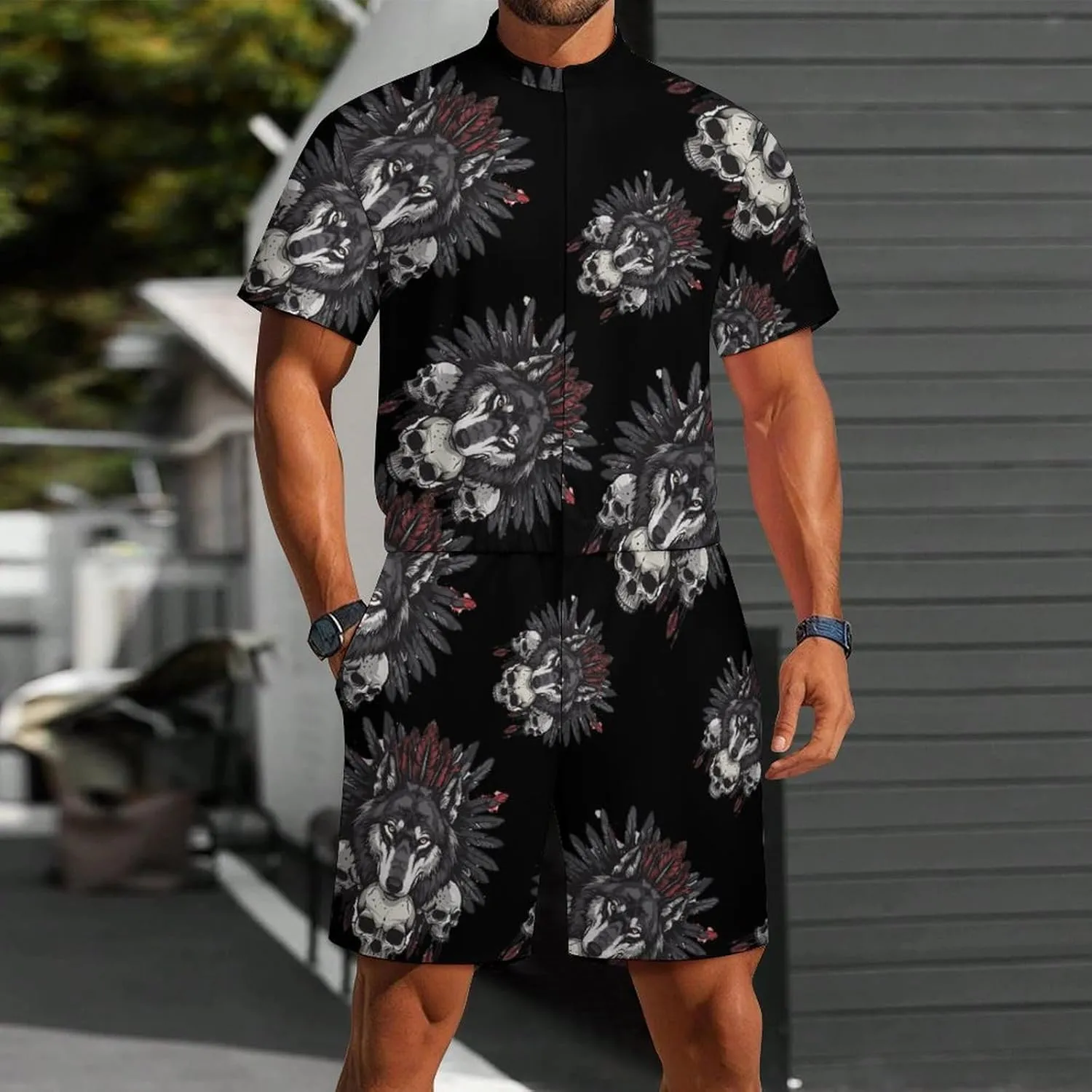 Indian Wolf Mens Short Sleeve Rompers Printed Slim Fit One Piece Jumpsuit with Pocket