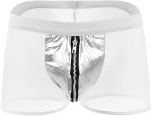 JEsilunmaMY Men's Mesh Sheer Boxer Briefs Mid Waist See Through Leather Zipper Pouch Underwear Transparent Boxer Lingerie