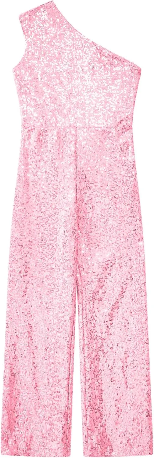 Kids Flower Girls Allover Sequins Jumpsuit One Shoulder Sleeveless Wide Leg Romper Long Pants