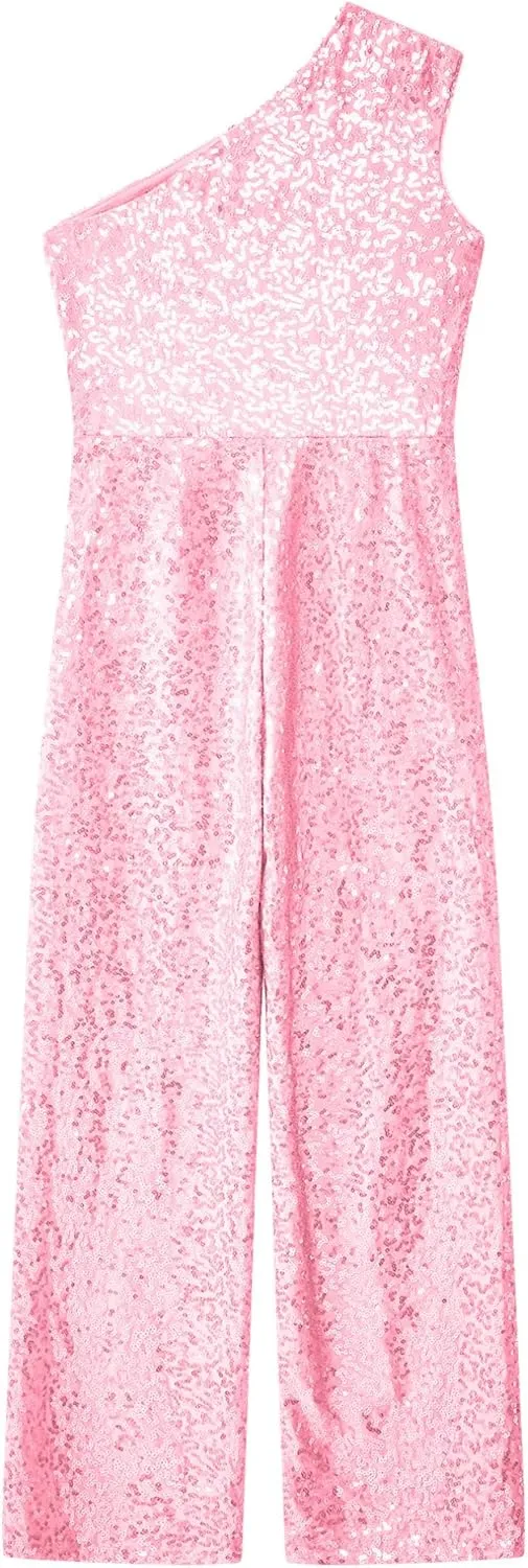 Kids Flower Girls Allover Sequins Jumpsuit One Shoulder Sleeveless Wide Leg Romper Long Pants