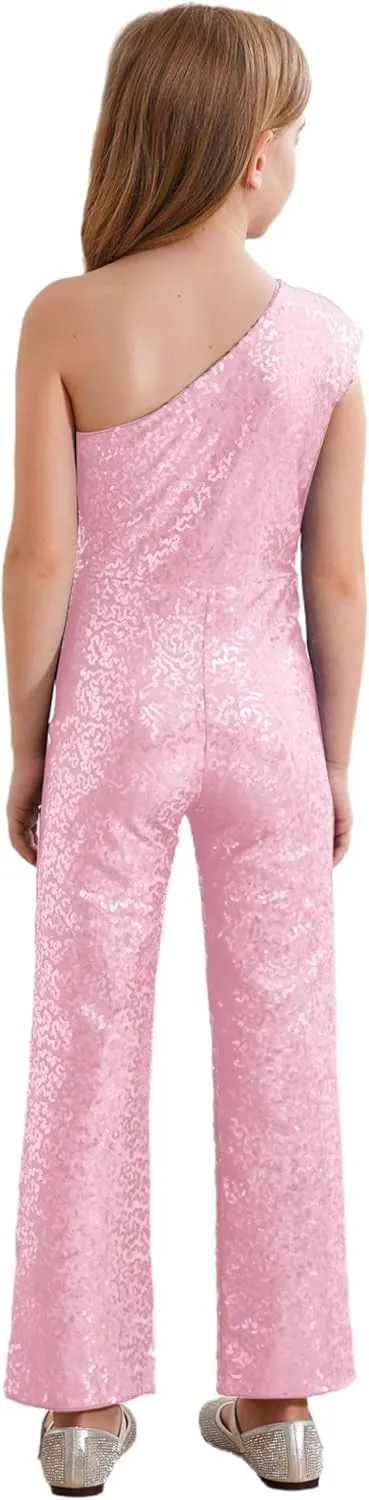 Kids Flower Girls Allover Sequins Jumpsuit One Shoulder Sleeveless Wide Leg Romper Long Pants