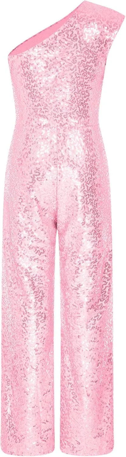 Kids Flower Girls Allover Sequins Jumpsuit One Shoulder Sleeveless Wide Leg Romper Long Pants