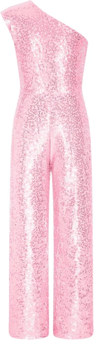 Kids Flower Girls Allover Sequins Jumpsuit One Shoulder Sleeveless Wide Leg Romper Long Pants