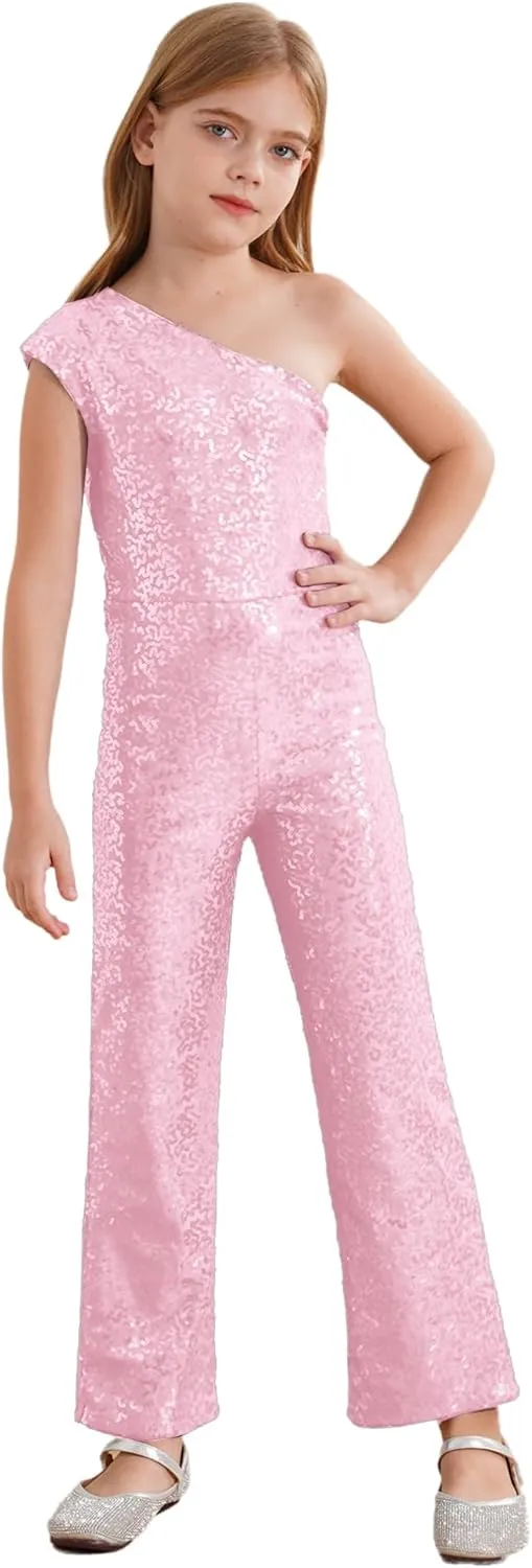 Kids Flower Girls Allover Sequins Jumpsuit One Shoulder Sleeveless Wide Leg Romper Long Pants
