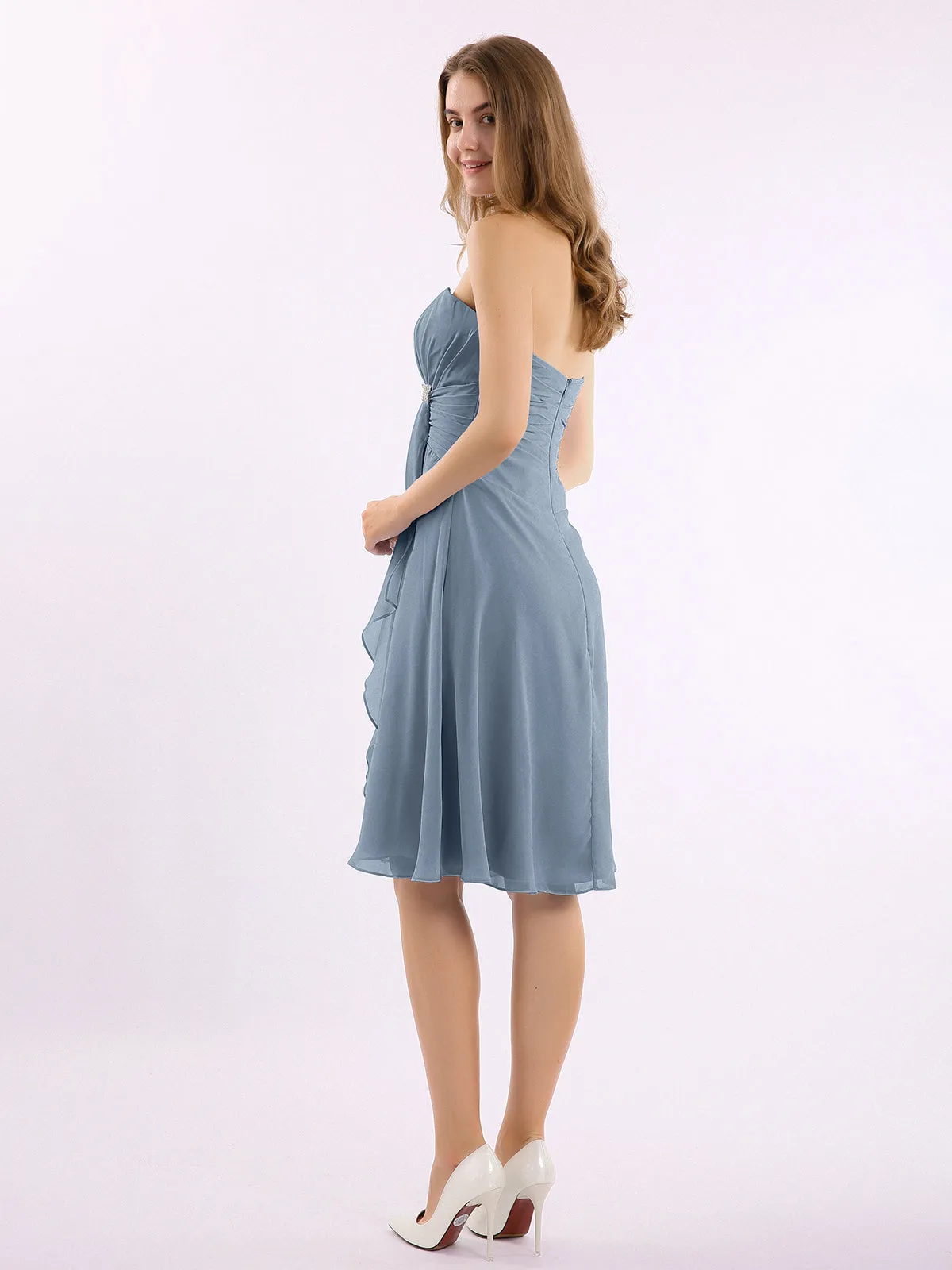 Knee Length Chiffon Dress with Sweetheart Neck-Dusty Blue