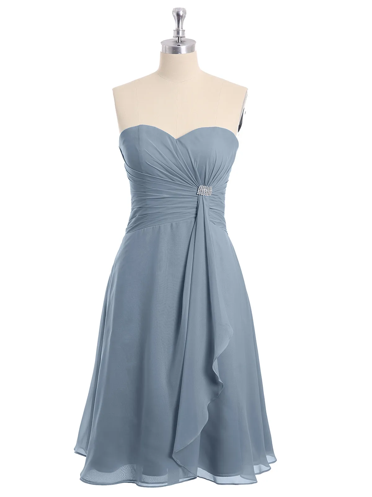 Knee Length Chiffon Dress with Sweetheart Neck-Dusty Blue