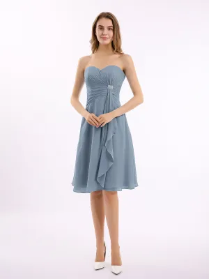 Knee Length Chiffon Dress with Sweetheart Neck-Dusty Blue