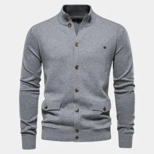 Knitted Stand Collar Cotton Cardigan - Cross & Crown