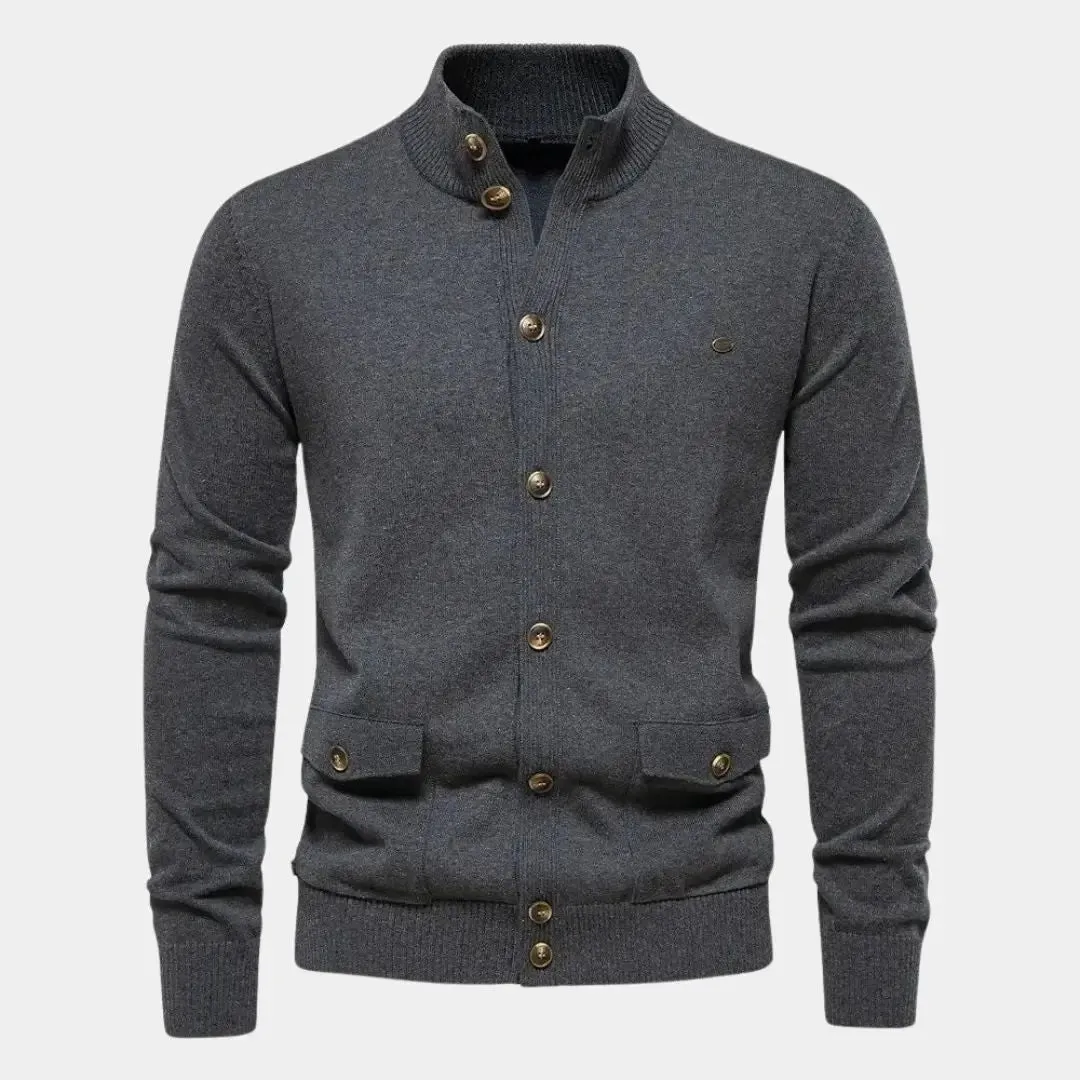Knitted Stand Collar Cotton Cardigan - Cross & Crown