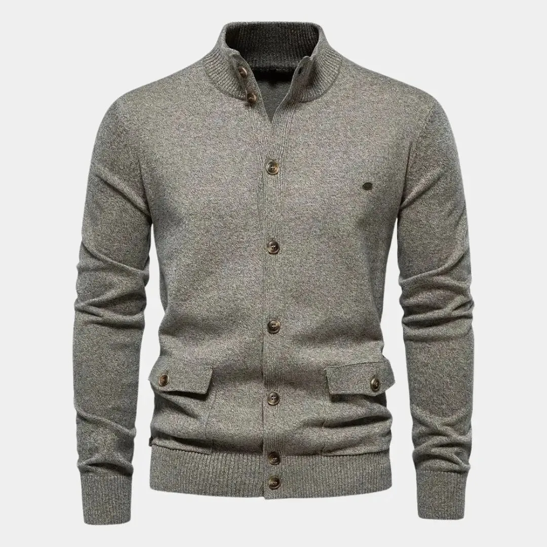 Knitted Stand Collar Cotton Cardigan - Cross & Crown