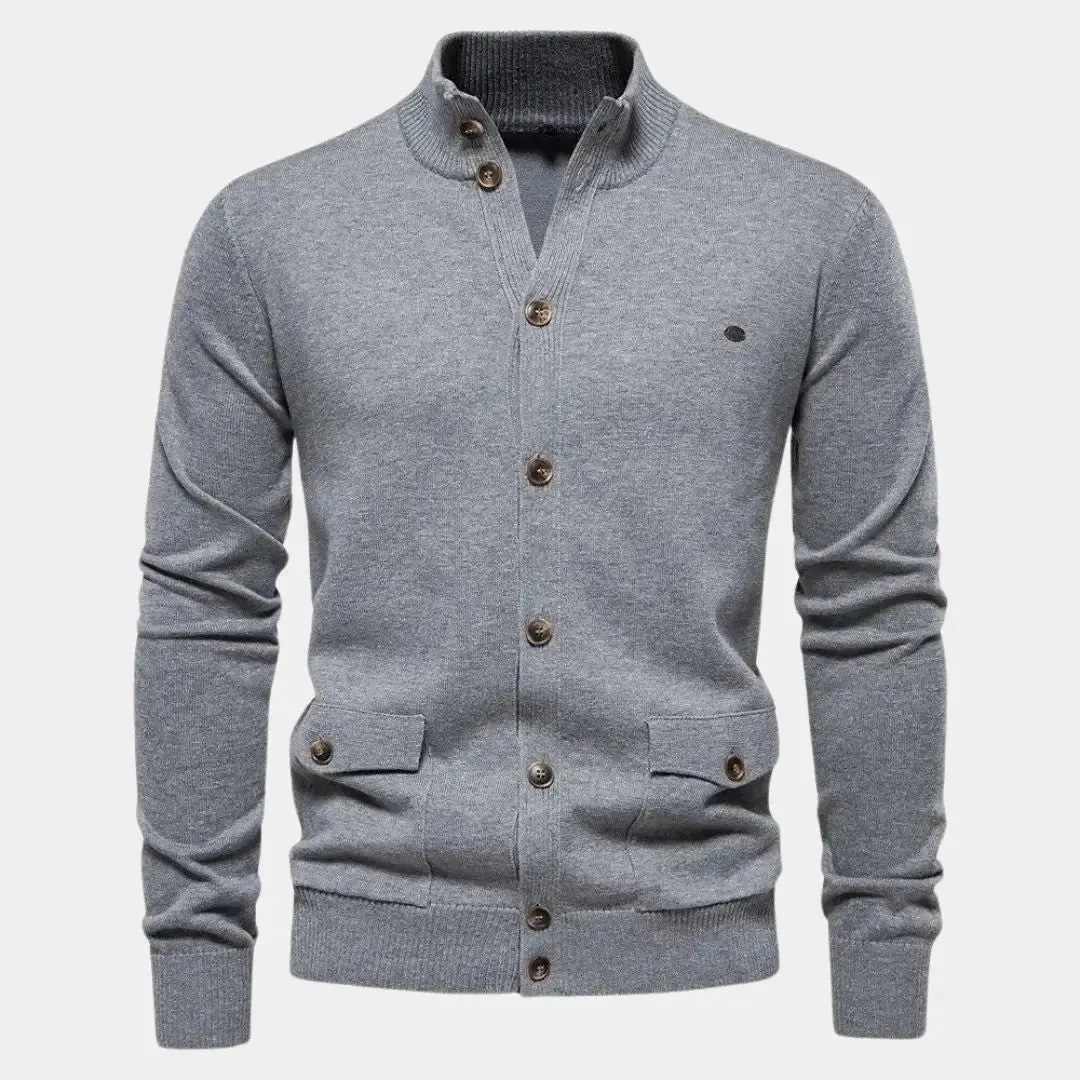 Knitted Stand Collar Cotton Cardigan - Cross & Crown