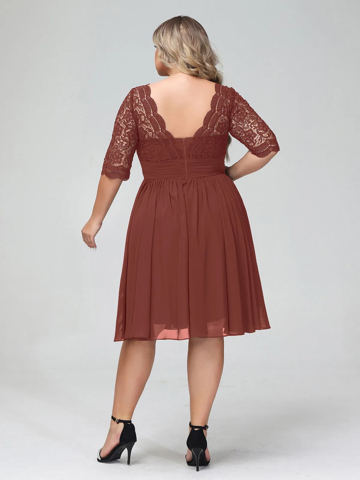 Lace and Chiffon Short Dress with Half Sleeves Terracotta