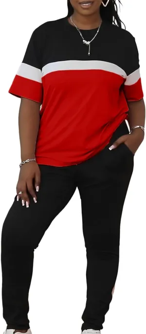 LovelyWholesale Plus Size 2 Piece Outfits for Women Color Block Tracksuit Short Sleeve Top and Pants Set