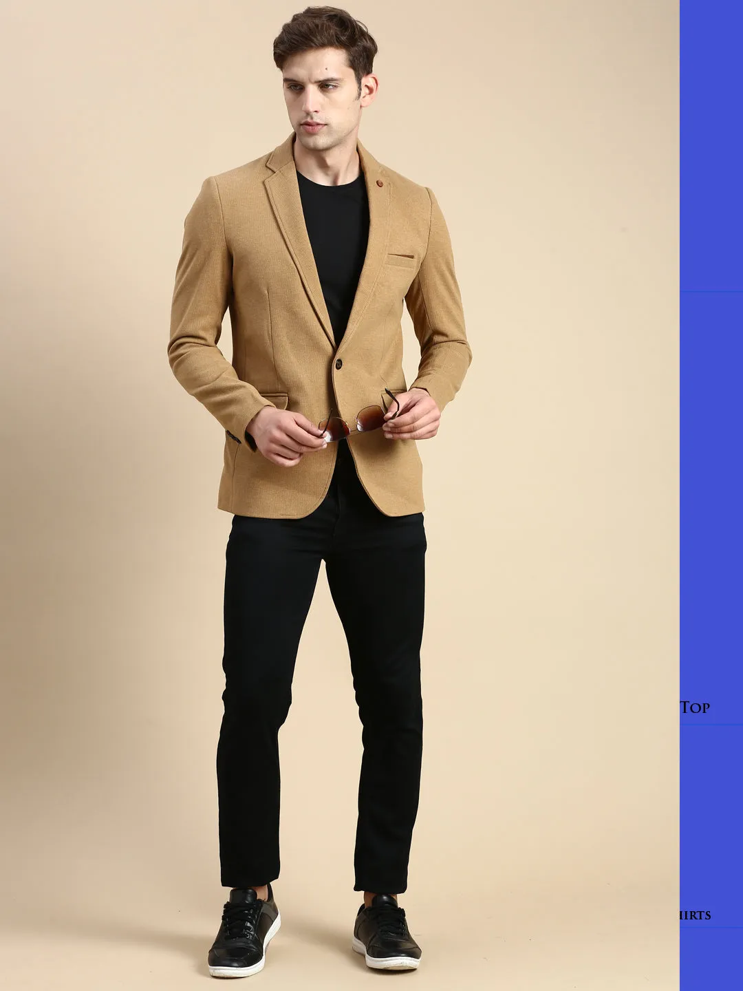 Men Khaki Slim-Fit Single Breasted Blazer