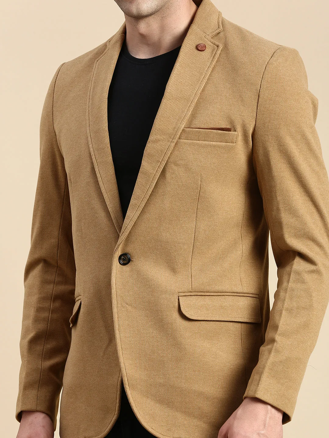 Men Khaki Slim-Fit Single Breasted Blazer
