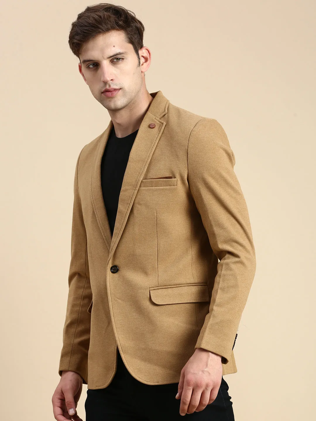 Men Khaki Slim-Fit Single Breasted Blazer