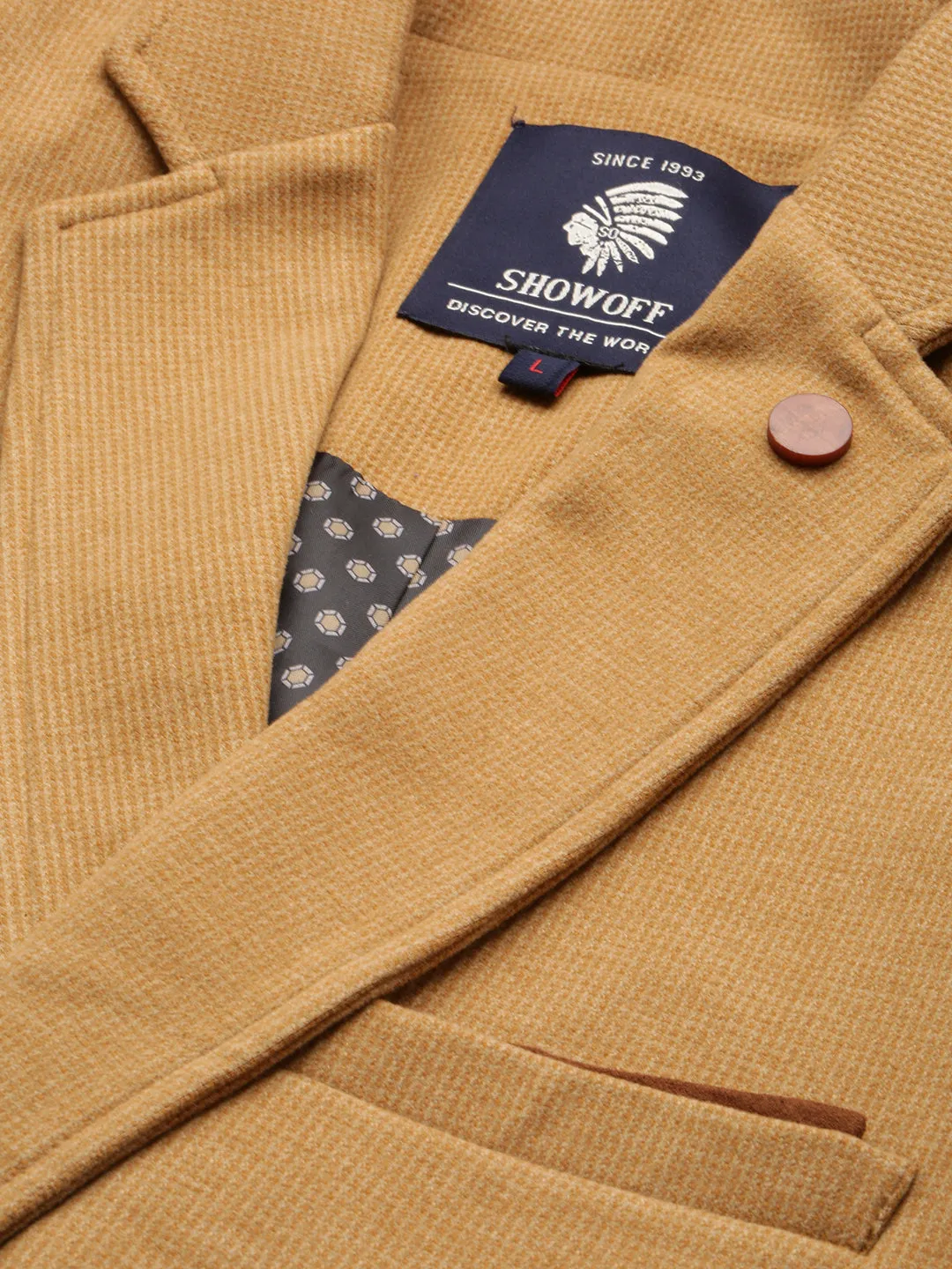 Men Khaki Slim-Fit Single Breasted Blazer