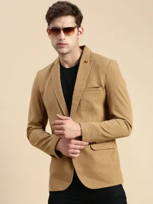 Men Khaki Slim-Fit Single Breasted Blazer