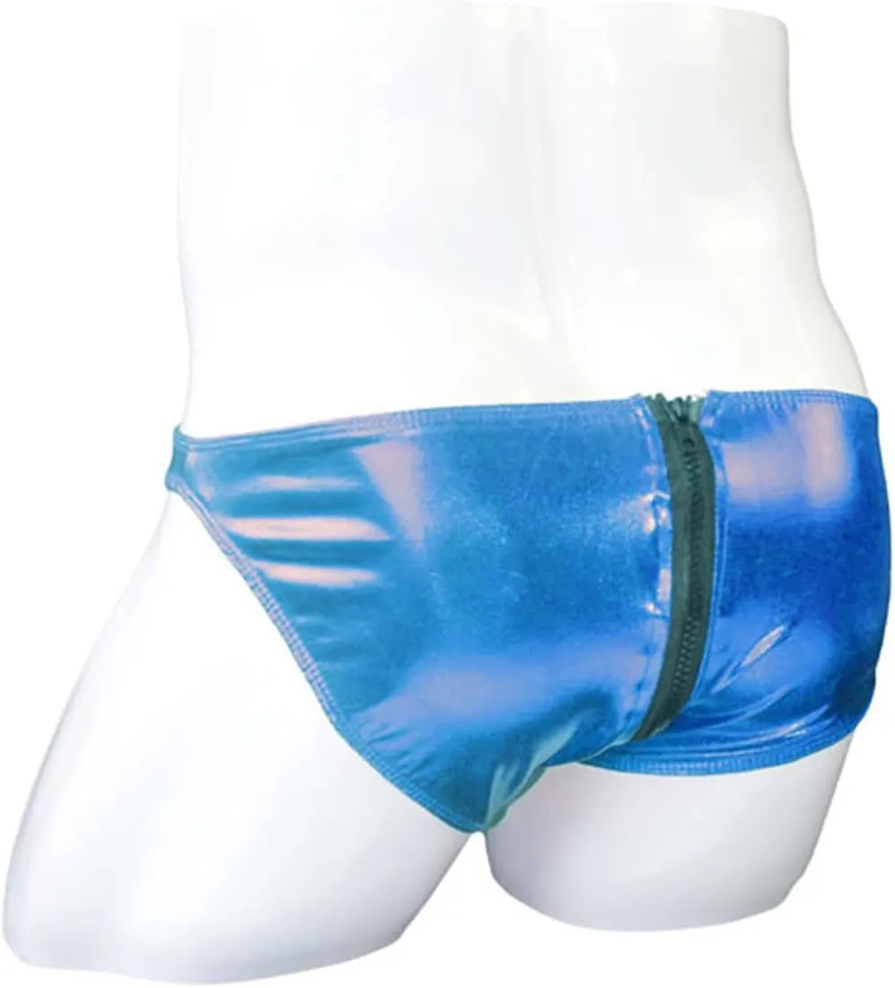 Men Low Waist Double Zipper Brief Underwear Patent Leather Bulge Pouch Underwear Shiny Metallic U Convex Bikini
