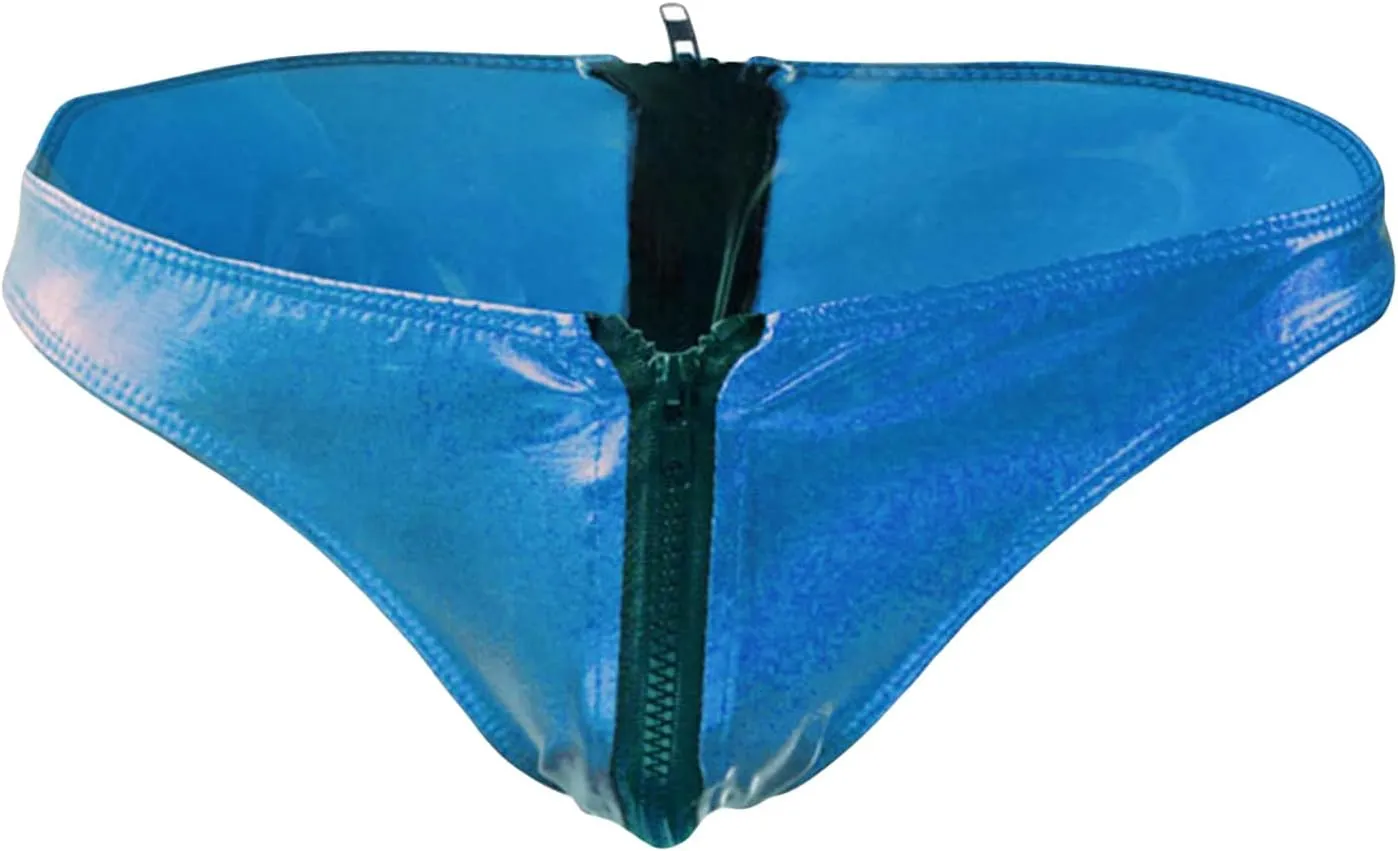 Men Low Waist Double Zipper Brief Underwear Patent Leather Bulge Pouch Underwear Shiny Metallic U Convex Bikini