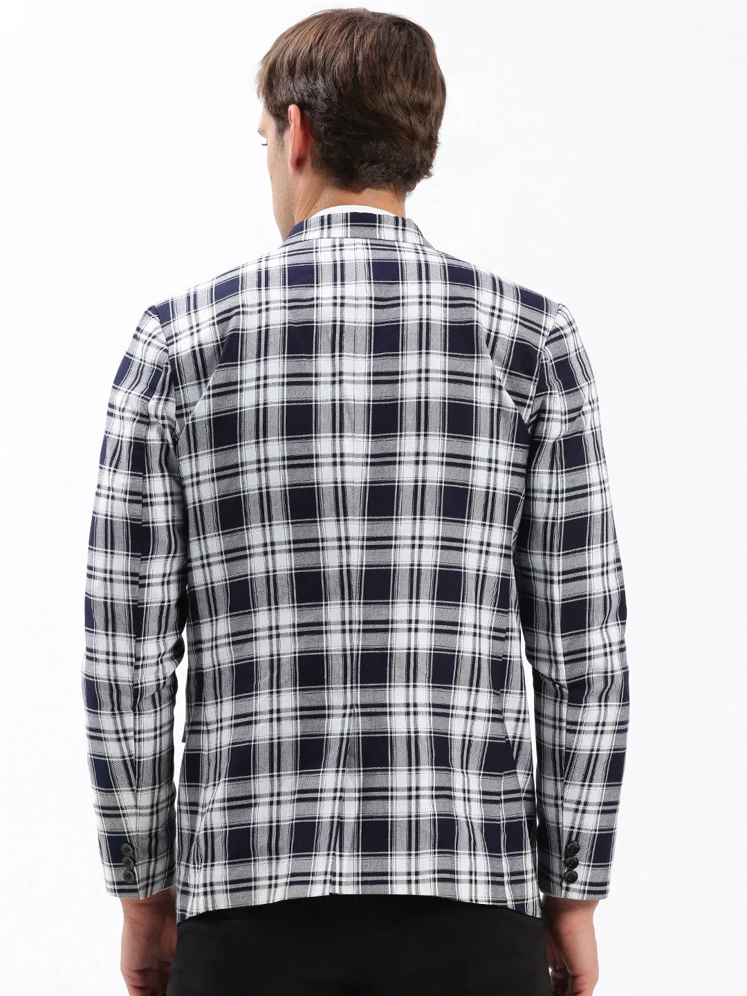 Men Navy Blue Checked Slim-Fit Single-Breasted Casual Blazer