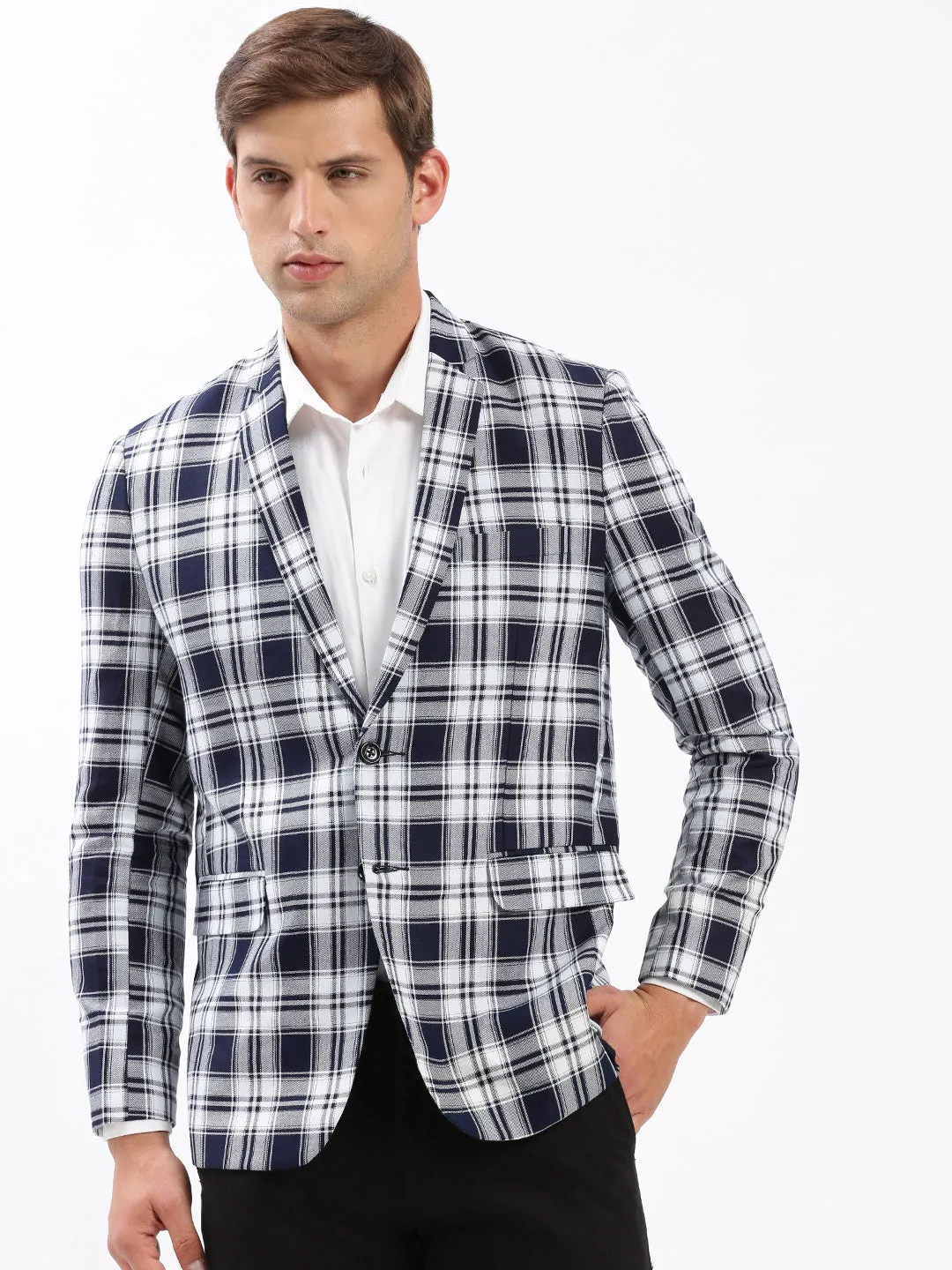 Men Navy Blue Checked Slim-Fit Single-Breasted Casual Blazer