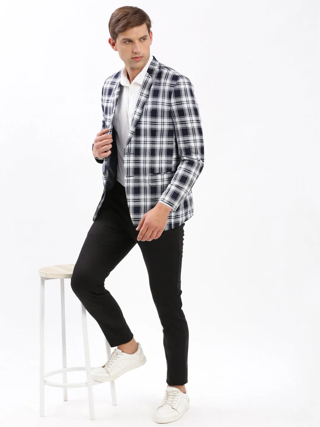 Men Navy Blue Checked Slim-Fit Single-Breasted Casual Blazer