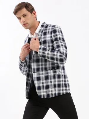 Men Navy Blue Checked Slim-Fit Single-Breasted Casual Blazer