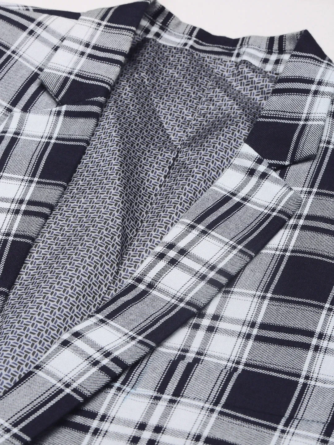 Men Navy Blue Checked Slim-Fit Single-Breasted Casual Blazer