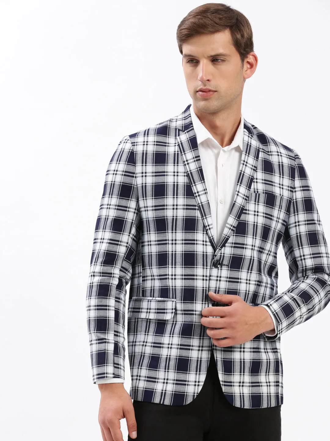 Men Navy Blue Checked Slim-Fit Single-Breasted Casual Blazer