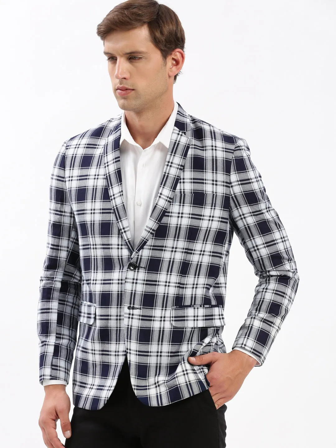 Men Navy Blue Checked Slim-Fit Single-Breasted Casual Blazer