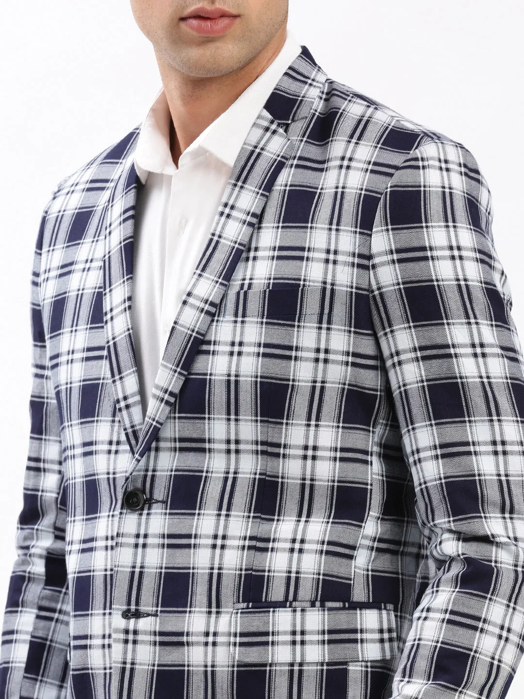 Men Navy Blue Checked Slim-Fit Single-Breasted Casual Blazer